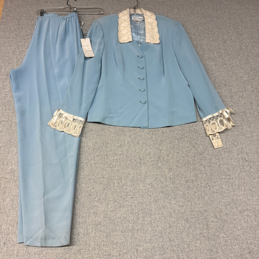 Liz Elana Pant Suit Set 16 Light Blue Lace Collar Cuffs Ribbon Bows Formal NWT